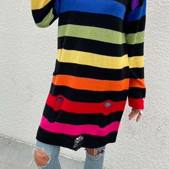 Drop Shoulder Rainbow Striped Pattern Sweater Dress - Picture 4 of 11